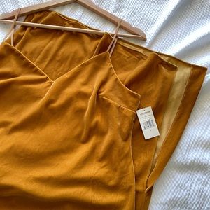 Gold Velvet Side Slit Midi Slip Dress